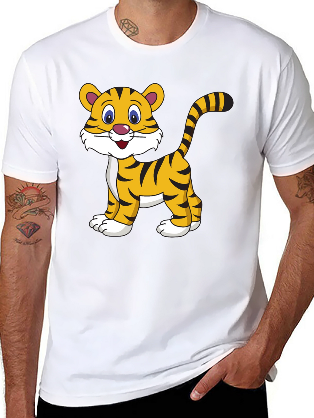 Cute Cartoon Tiger Graphic Tee - Black Cotton T-Shirt