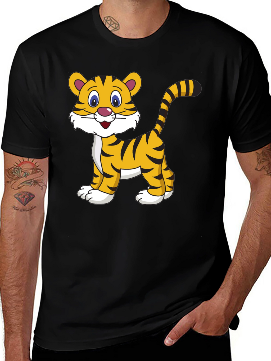 Cute Cartoon Tiger Graphic Tee - Black Cotton T-Shirt
