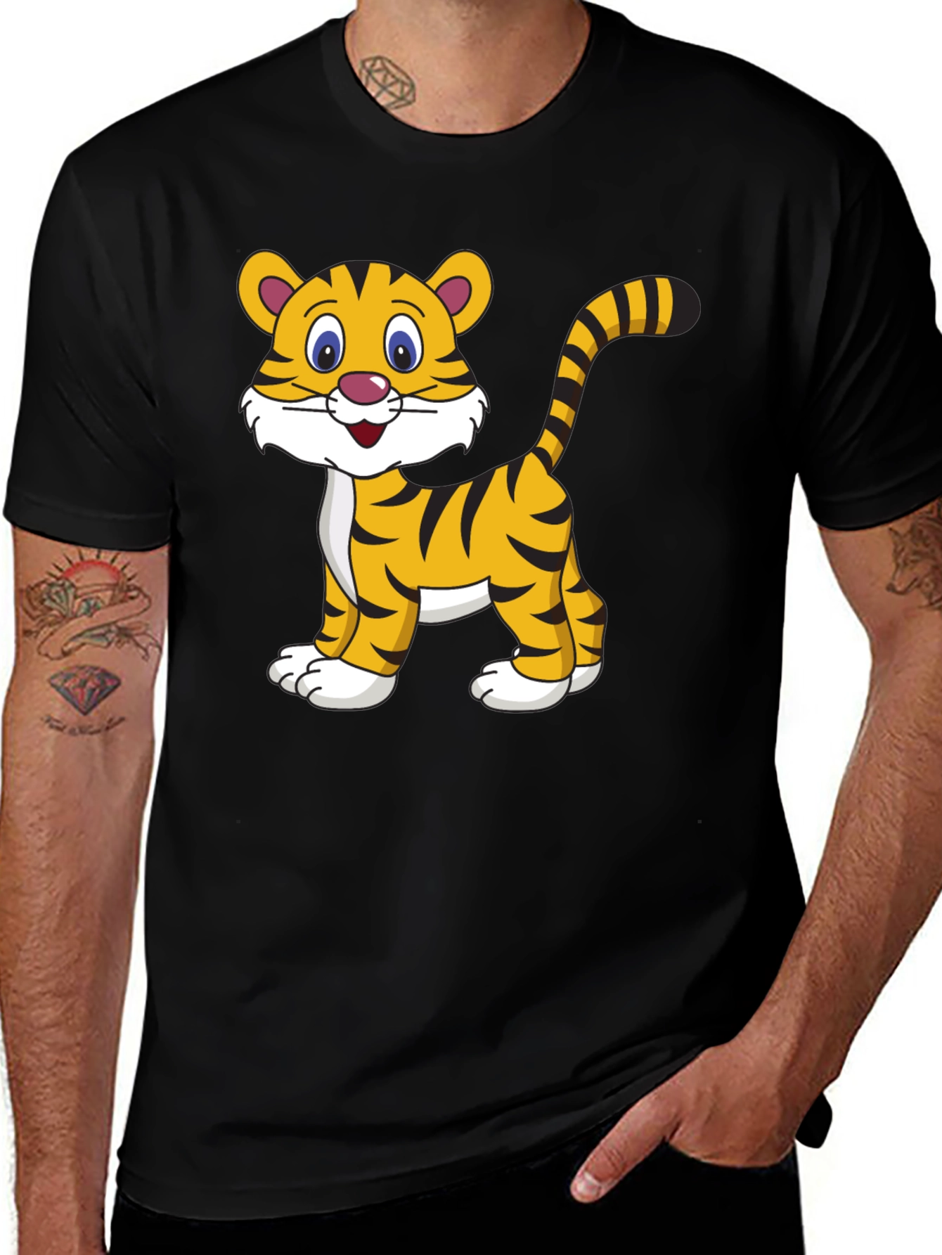 Cute Cartoon Tiger Graphic Tee - Black Cotton T-Shirt
