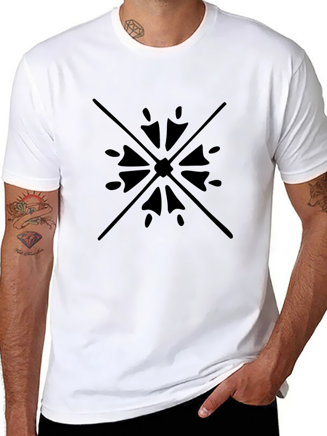 Black Tee with Geometric Starburst Design