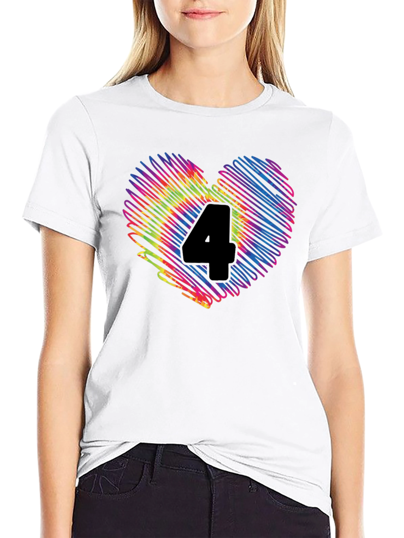 Rainbow Number 4 Scribble Heart T-Shirt