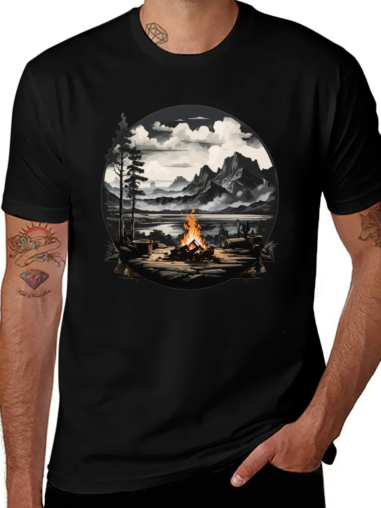 Campfire Graphic T-Shirt: Nature Scene Tee