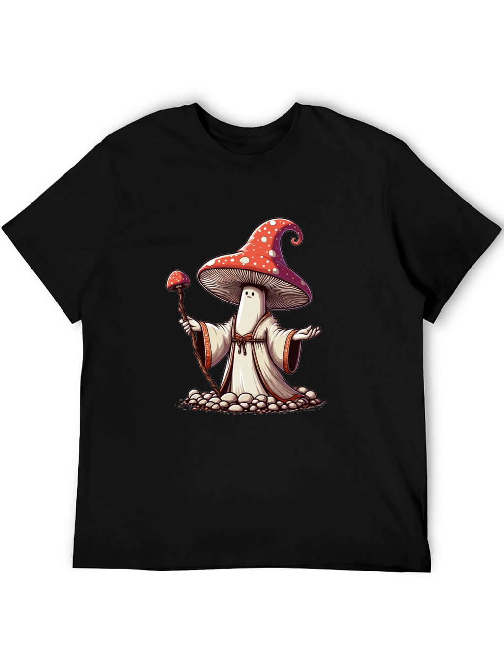 Mushroom Wizard Graphic Tee - Black Cotton T-Shirt
