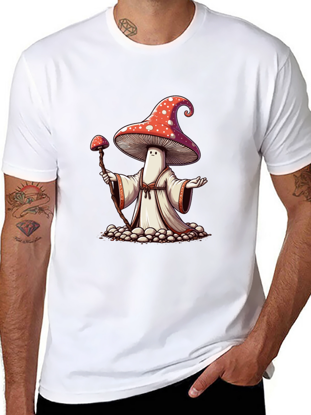 Mushroom Wizard Graphic Tee - Black Cotton T-Shirt