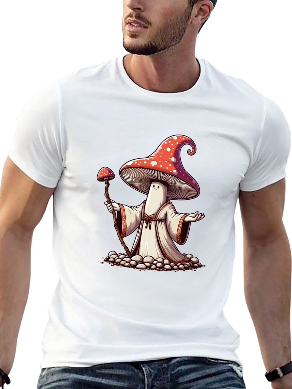Mushroom Wizard Graphic Tee - Black Cotton T-Shirt