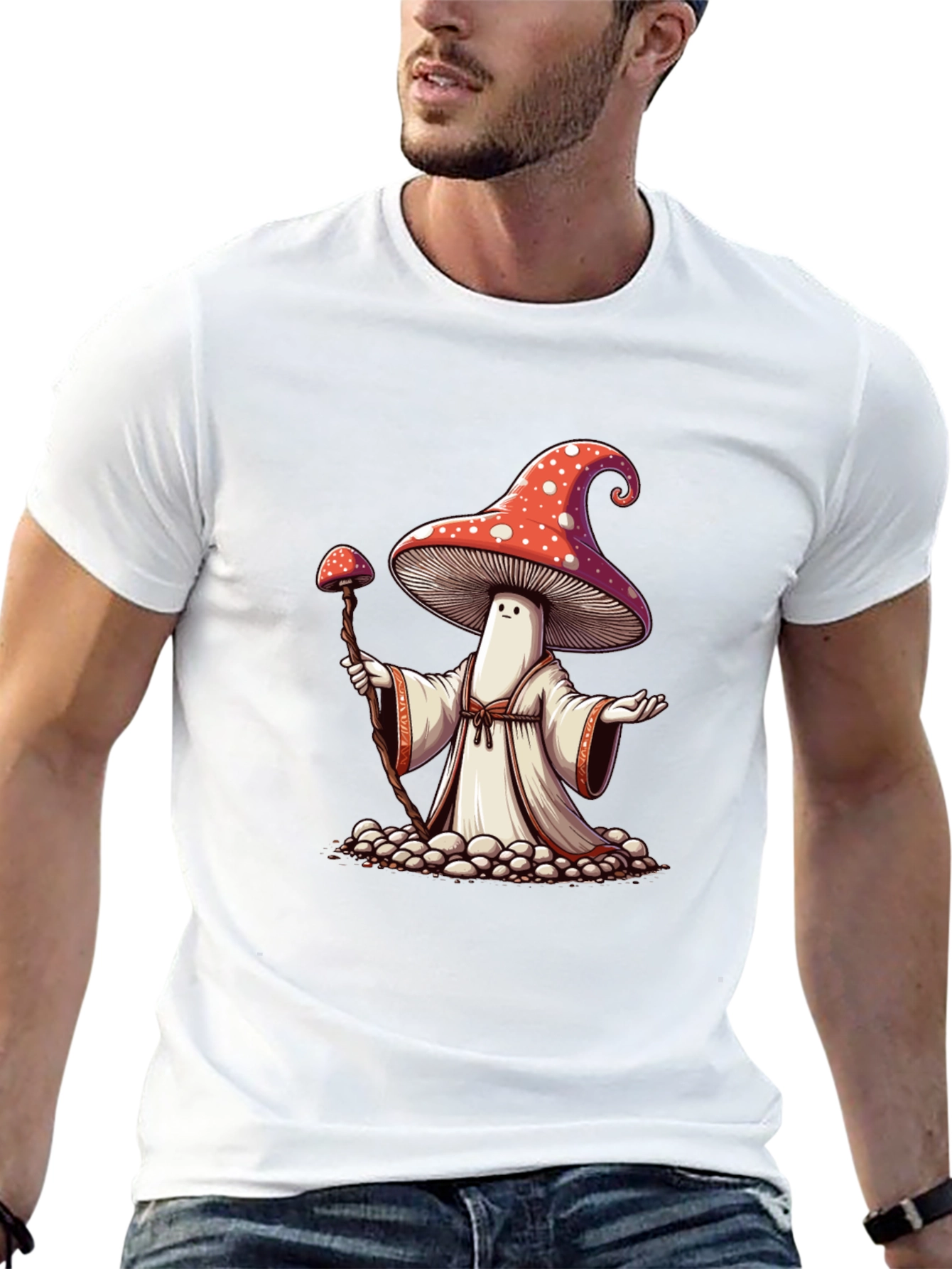 Mushroom Wizard Graphic Tee - Black Cotton T-Shirt
