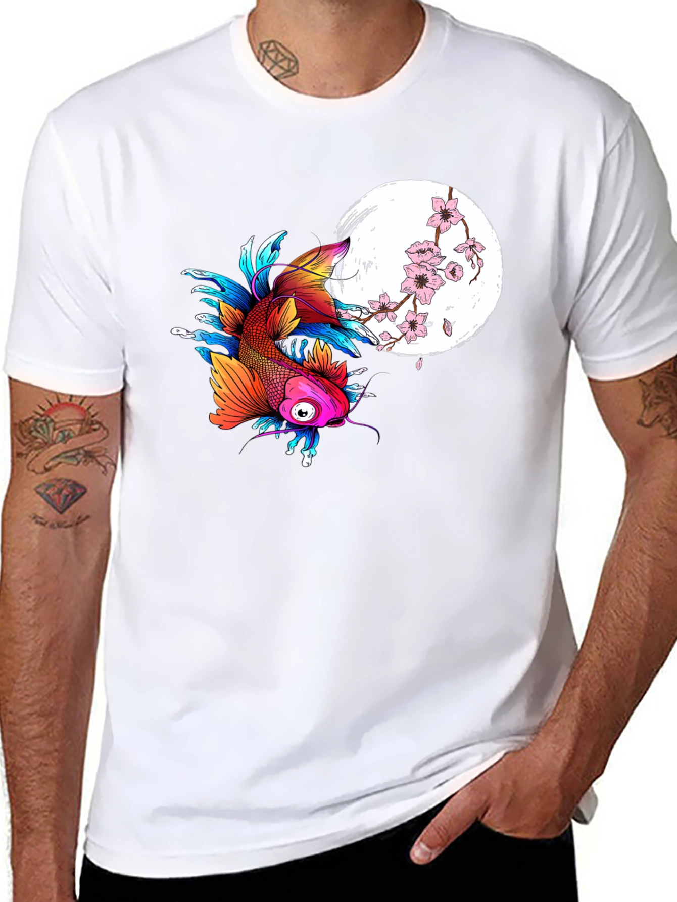 Koi Fish & Cherry Blossom Graphic Tee - Black